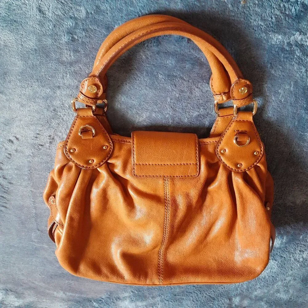 Antonio Melani Tan Leather Satchel Handbag with Gold Hardware Width 12in.